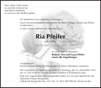 Traueranzeige von Ria Pfeifer von Echo-Zeitungen (Gesamtausgabe)