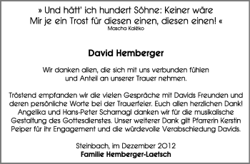 Traueranzeige von David Hemberger von Odenwälder Echo