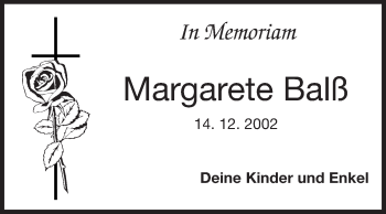 Traueranzeige von Margarete Balß von Rüsselsheimer Echo, Groß-Gerauer-Echo, Ried Echo