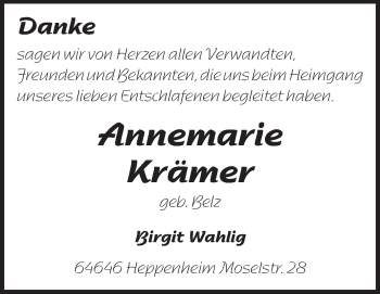 Traueranzeige von Annemarie Krämer von Odenwälder Echo