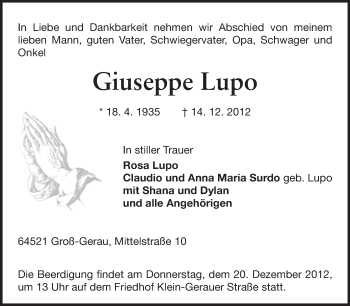Traueranzeige von Guiseppe Lupo von Rüsselsheimer Echo, Groß-Gerauer-Echo, Ried Echo