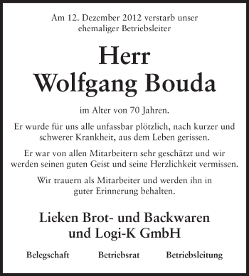 Traueranzeige von Wolfgang Bouda von Echo-Zeitungen (Gesamtausgabe)