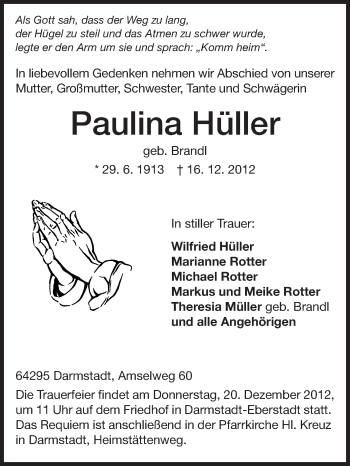 Traueranzeige von Paulina Hüller von Echo-Zeitungen (Gesamtausgabe)