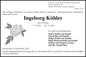 Traueranzeige von Ingeborg Köhler von Echo-Zeitungen (Gesamtausgabe)