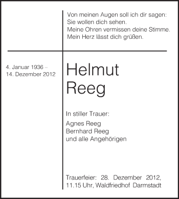Traueranzeige von Helmut Reeg von Echo-Zeitungen (Gesamtausgabe)