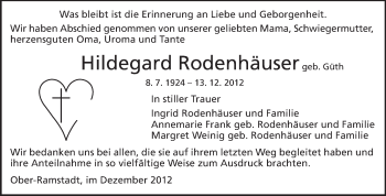 Traueranzeige von Hildegard Rodenhäuser von Darmstädter Echo, Odenwälder Echo, Rüsselsheimer Echo, Groß-Gerauer-Echo, Ried Echo