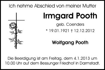 Traueranzeige von Irmgard Pooth von Echo-Zeitungen (Gesamtausgabe)