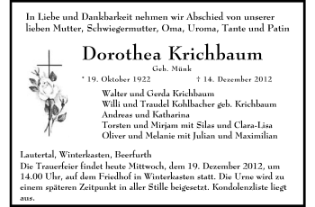 Traueranzeige von Dorothea Krichbaum von Odenwälder Echo