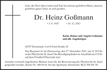 Traueranzeige von Heinz Goßmann von Echo-Zeitungen (Gesamtausgabe)
