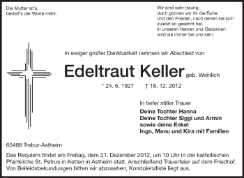 Traueranzeige von Edeltraut Keller von Rüsselsheimer Echo, Groß-Gerauer-Echo, Ried Echo