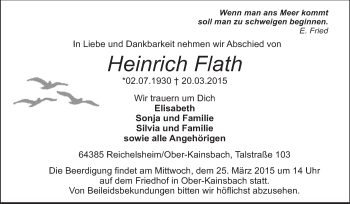 Traueranzeige von Heinrich Flath von Odenwälder Echo