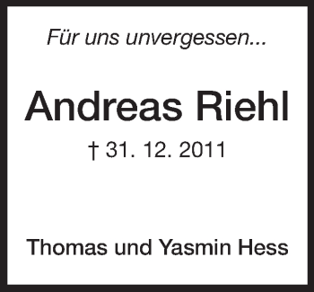 Traueranzeige von Andreas Riehl von Echo-Zeitungen (Gesamtausgabe)