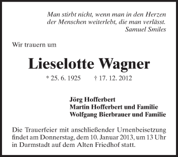 Traueranzeige von Lieselotte Wagner von Echo-Zeitungen (Gesamtausgabe)