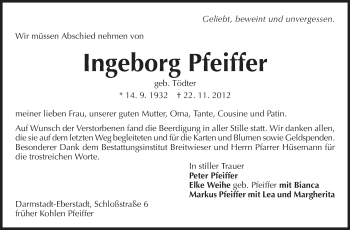 Traueranzeige von Ingeborg Pfeiffer von Echo-Zeitungen (Gesamtausgabe)