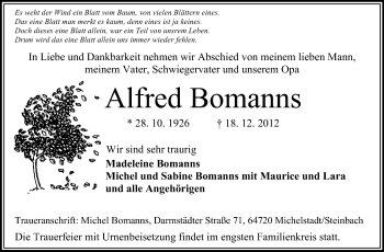 Traueranzeige von Alfred Bomanns von Odenwälder Echo