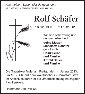 Traueranzeige von Rolf Schäfer von Echo-Zeitungen (Gesamtausgabe)