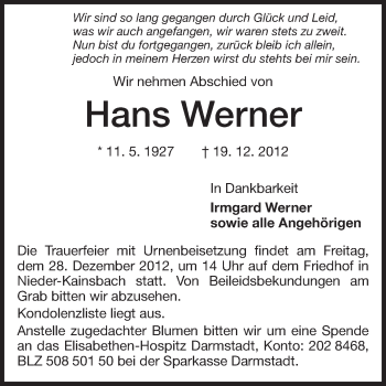 Traueranzeige von Hans Werner von Odenwälder Echo