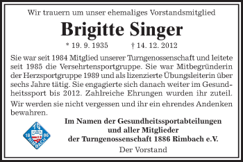 Traueranzeige von Brigitte Singer von Starkenburger Echo