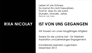 Traueranzeige von Rixa Nicolay von Echo-Zeitungen (Gesamtausgabe)
