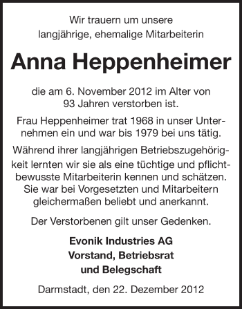 Traueranzeige von Anna Heppenheimer von Echo-Zeitungen (Gesamtausgabe)