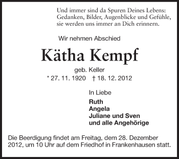 Traueranzeige von Kätha Kempf von Echo-Zeitungen (Gesamtausgabe)