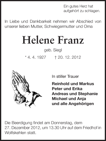 Traueranzeige von Helene Franz von Rüsselsheimer Echo, Groß-Gerauer-Echo, Ried Echo