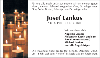 Traueranzeige von Josef Lankus von Rüsselsheimer Echo, Groß-Gerauer-Echo, Ried Echo