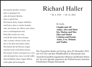 Traueranzeige von Richard Haller von Echo-Zeitungen (Gesamtausgabe)