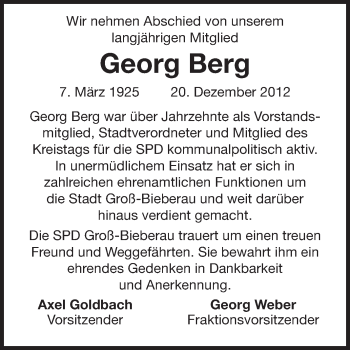 Traueranzeige von Georg Berg von Echo-Zeitungen (Gesamtausgabe)