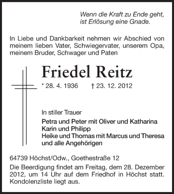 Traueranzeige von Friedel Reitz von Odenwälder Echo
