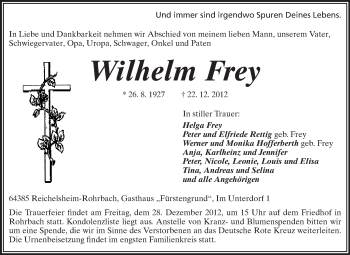 Traueranzeige von Wilhelm Frey von Echo-Zeitungen (Gesamtausgabe)