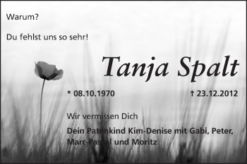 Traueranzeige von Tanja Spalt von Echo-Zeitungen (Gesamtausgabe)