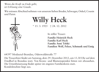 Traueranzeige von Willy Heck von Echo-Zeitungen (Gesamtausgabe)
