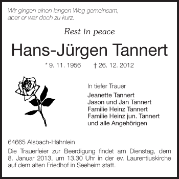 Traueranzeige von Hans-Jürgen Tannert von Echo-Zeitungen (Gesamtausgabe)