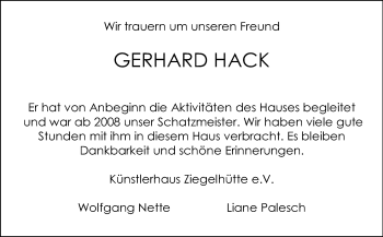 Traueranzeige von Gerhard Hack von Echo-Zeitungen (Gesamtausgabe)