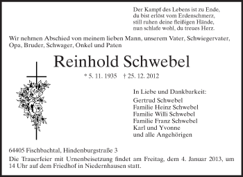 Traueranzeige von Reinhold Schwebel von Echo-Zeitungen (Gesamtausgabe)