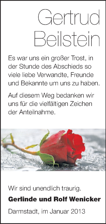 Traueranzeige von Gertrud Beilstein von Echo-Zeitungen (Gesamtausgabe)