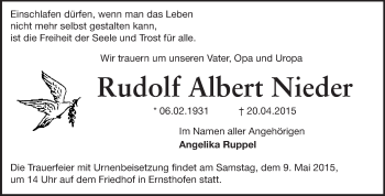 Traueranzeige von Rudolf Albert Nieder von Echo-Zeitungen (Gesamtausgabe)