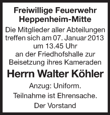 Traueranzeige von Walter Köhler von Starkenburger Echo
