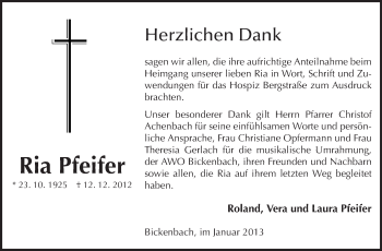 Traueranzeige von Ria Pfeifer von Echo-Zeitungen (Gesamtausgabe)