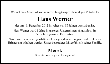 Traueranzeige von Hans Werner von Echo-Zeitungen (Gesamtausgabe)