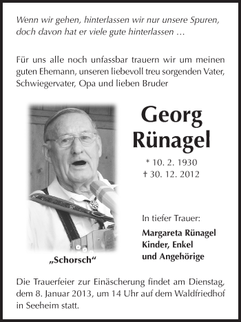 Traueranzeige von Georg Rünagel von Echo-Zeitungen (Gesamtausgabe)