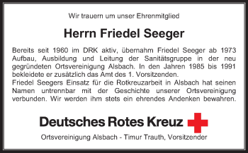 Traueranzeige von Friedel Seeger von Echo-Zeitungen (Gesamtausgabe)