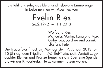 Traueranzeige von Evelin Ries von Echo-Zeitungen (Gesamtausgabe)