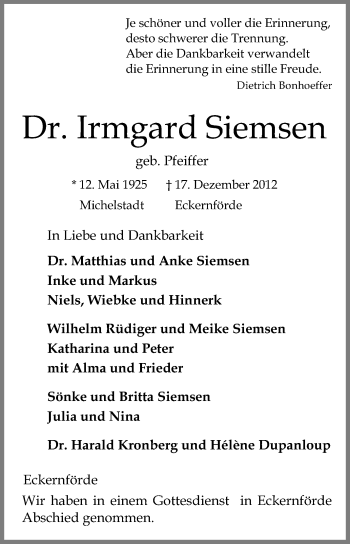 Traueranzeige von Irmgard Siemsen von Odenwälder Echo
