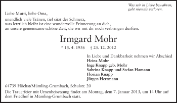 Traueranzeige von Irmgard Mohr von Odenwälder Echo