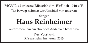 Traueranzeige von Hans Reinheimer von Rüsselsheimer Echo, Groß-Gerauer-Echo, Ried Echo
