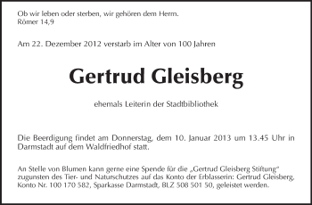 Traueranzeige von Gertrud Gleisberg von Darmstädter Echo, Odenwälder Echo, Rüsselsheimer Echo, Groß-Gerauer-Echo, Ried Echo