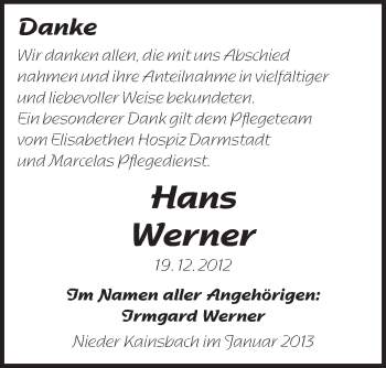 Traueranzeige von Hans Werner von Odenwälder Echo