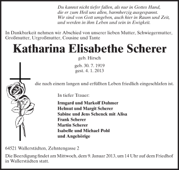 Traueranzeige von Katharina Elisabethe Scherer von Rüsselsheimer Echo, Groß-Gerauer-Echo, Ried Echo